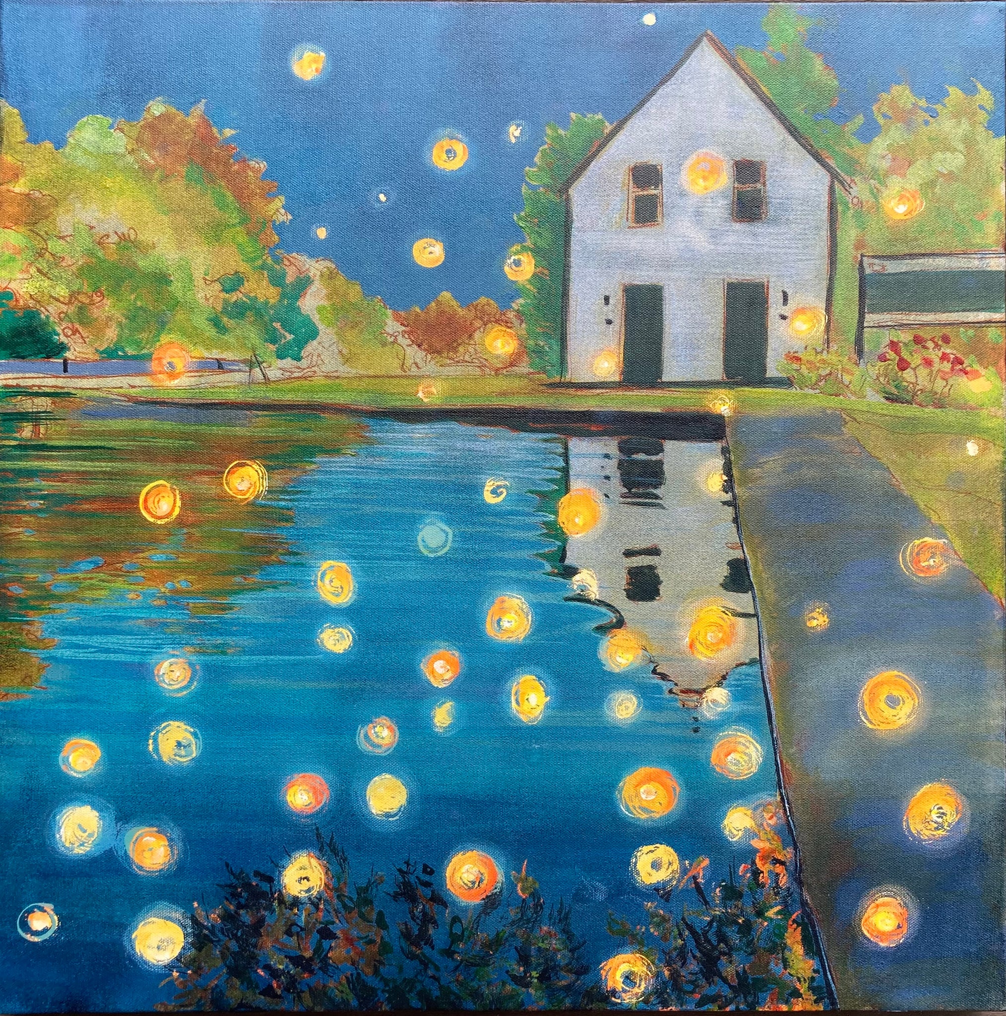 Firefly Frenzy at the Lock Master's House Original Painting by Mary Loos