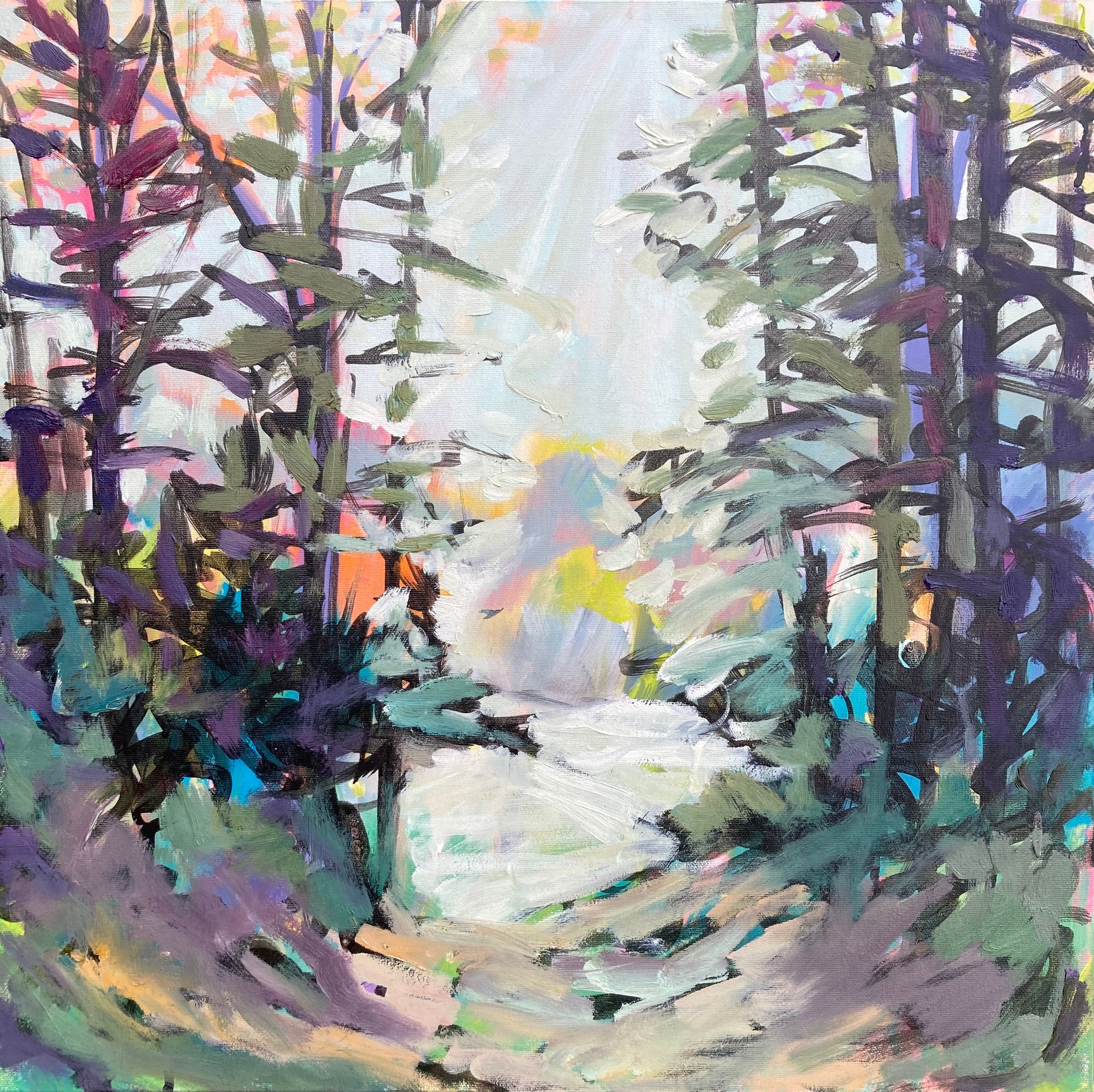 Algonquin Spirit is an original oil painting. The view is through the trees in this earthy landscape original.